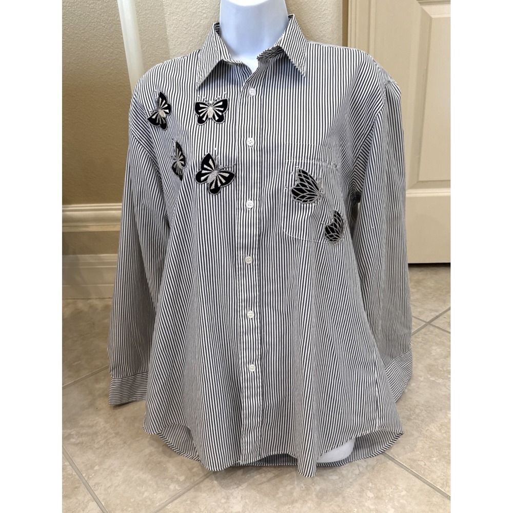 VTG Mili Designs Embroidered Butterfly‎ Black White Striped Button Up Shirt Sz M